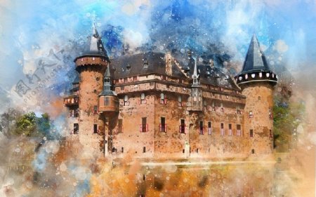 水彩装饰创意城堡建筑绘画
