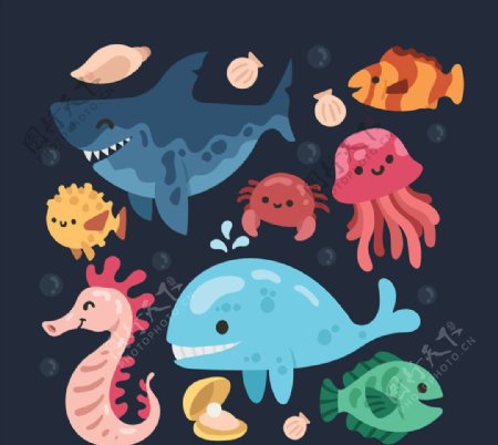 8款卡通海洋动物设计矢量素材