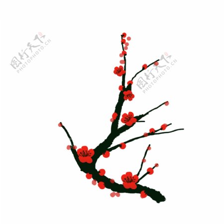 手绘中国风水墨红色梅花元素