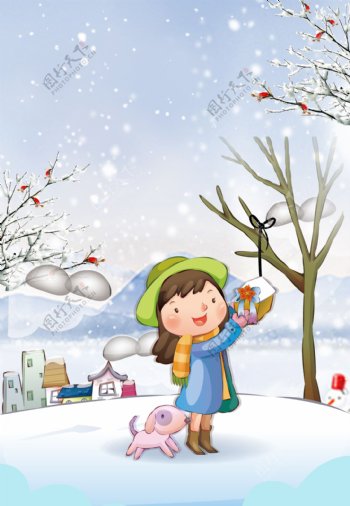 彩绘冬季大雪节气雪地女孩背景设计