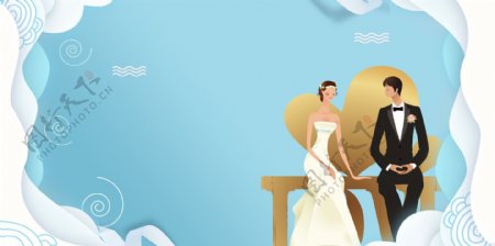 可爱新郎新娘婚礼手绘插画背景