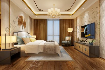 新中式风格时尚温馨卧室效果图