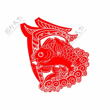 中国风创意鲤鱼跃龙门窗花剪纸装饰图案元素