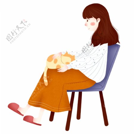 手绘可爱女孩抱着猫猫坐在椅子上原创元素