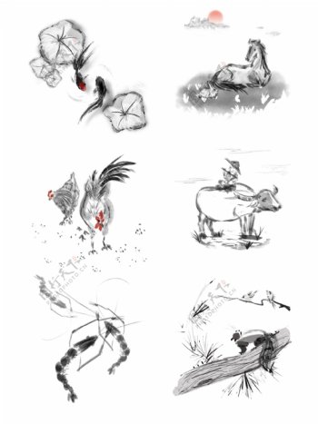 水墨国风手绘动物元素套图