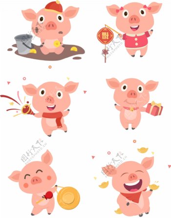猪年卡通猪新年套图矢量
