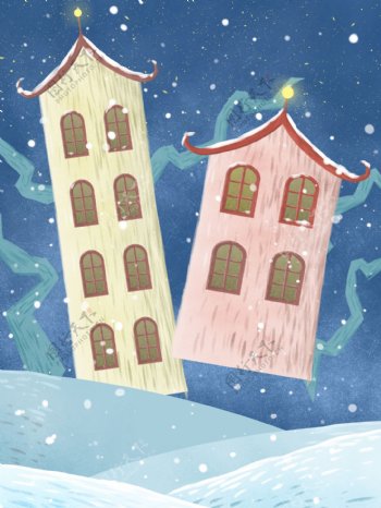 蓝色浪漫圣诞房屋宣传展板背景