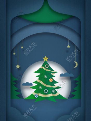 立体绿色圣诞树屋广告背景素材