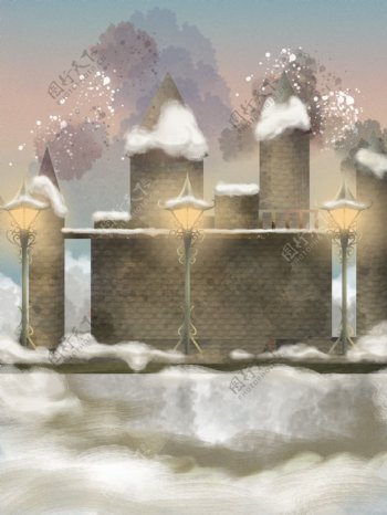冬日梦幻城堡的圣诞节插画背景