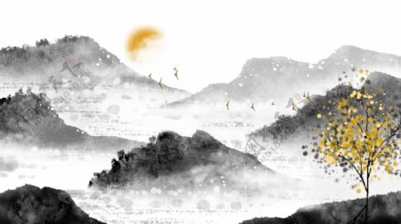 中国风黑白水墨清新山水背景插画
