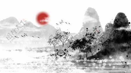 中国风黑白古风水墨山水背景插画