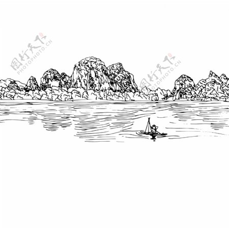 桂林山水矢量漓江渔夫划船黑白线条手绘