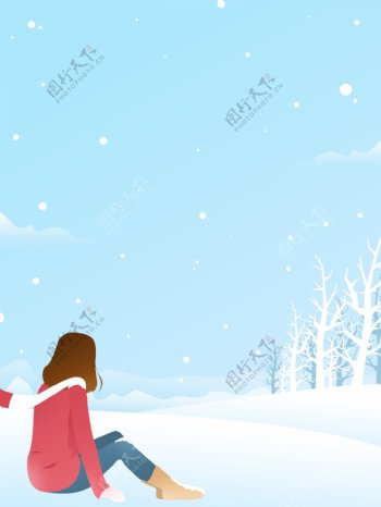 唯美小清新坐在雪地上的女孩冬季背景素材