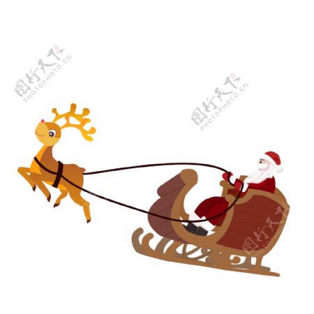 手绘驯鹿拉着雪橇和圣诞老人