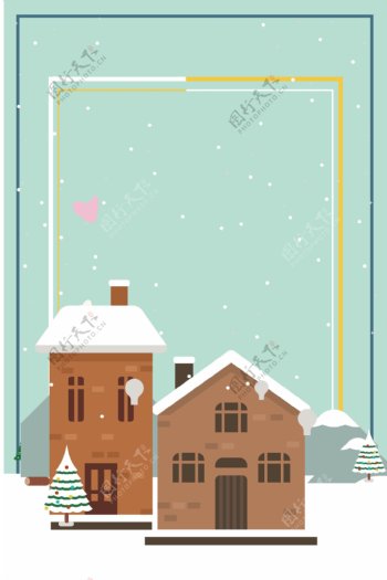 唯美冬至节气雪山房屋背景设计