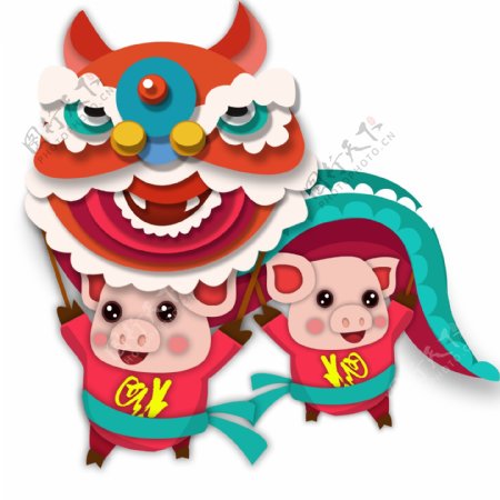 喜庆春节舞狮舞龙的两只猪设计
