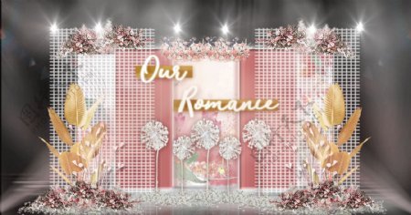 粉色ins网格屏风花朵纹理背景婚礼效果图