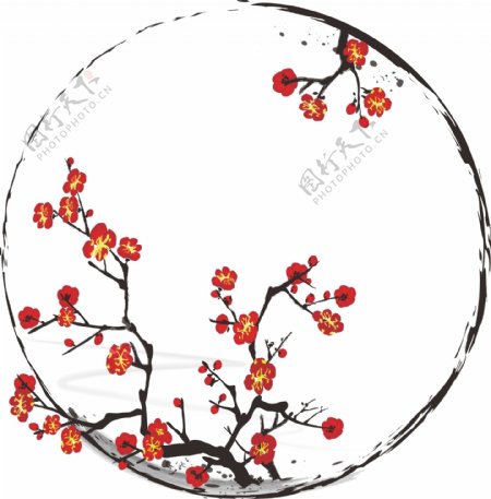 手绘中国风水墨花卉植物梅花边框装饰元素
