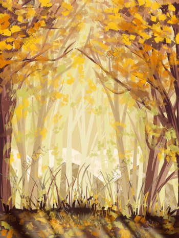 唯美冬日里的黄色落叶树林背景设计