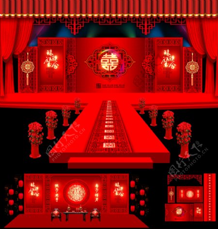 中式婚礼背景效果图全套素材红色模板