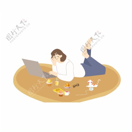 卡通快乐趴着地毯上玩电脑的肥宅