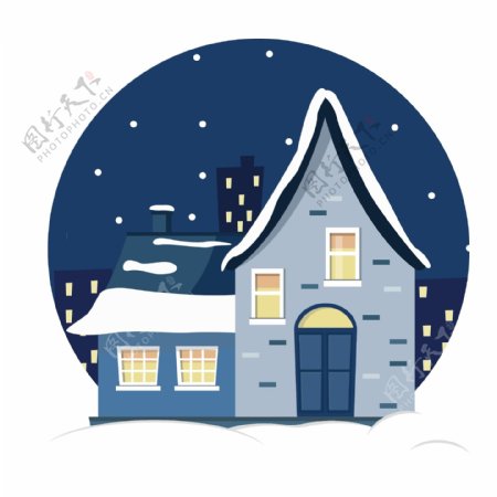 冬日元素夜晚温馨房屋卡通