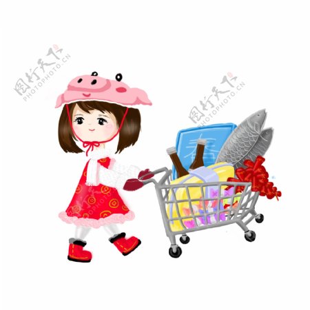 卡通手绘春节红色小清新可爱女孩买年货图案元素
