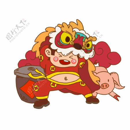 手绘春节舞狮插画