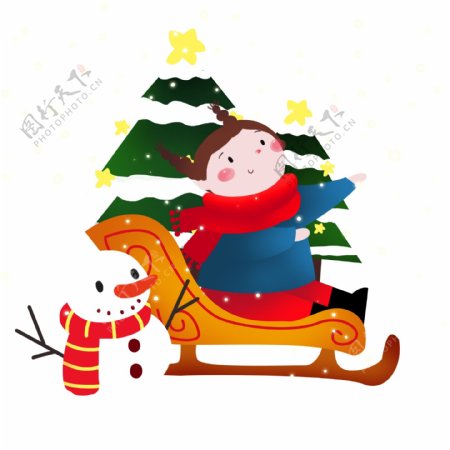 手绘圣诞节雪人和小女孩