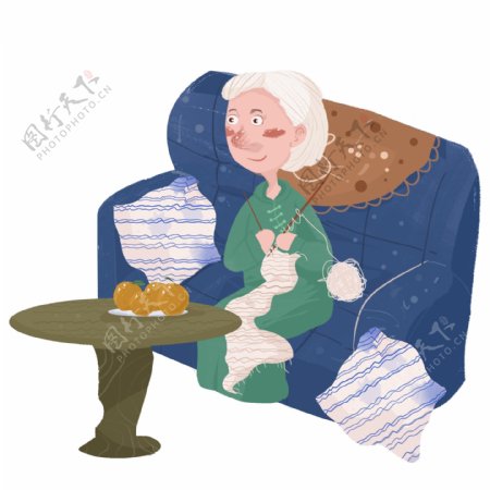 手绘在沙发上织毛衣的奶奶人物设计