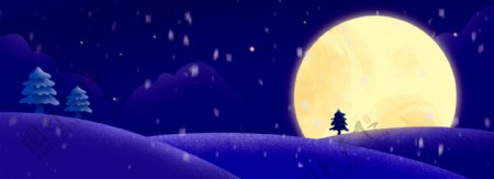 雪夜星空月亮蓝色背景
