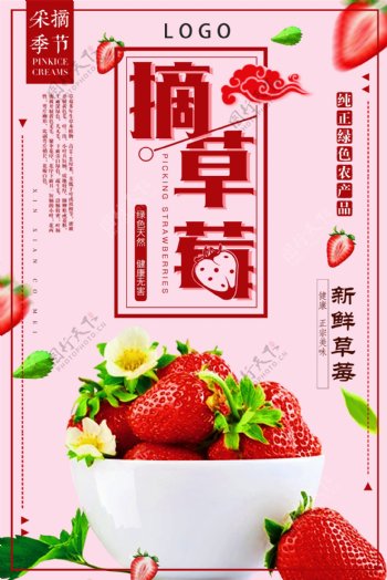 春夏草莓采摘季水果餐饮海报