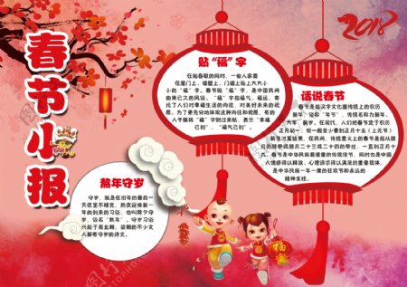 喜庆红色水彩新年小报春节手抄报电子报模板