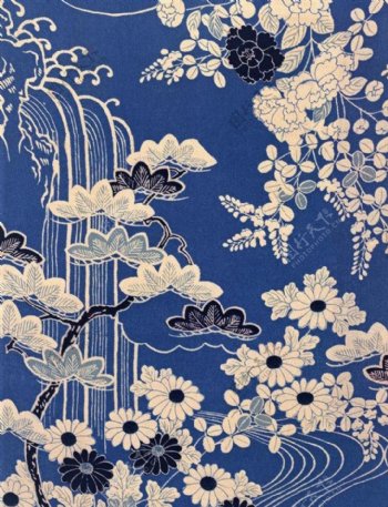 藏蓝花卉布纹背景设计素材