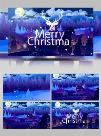 冬日夜晚村庄的蓝色圣诞节开场动画AE模板