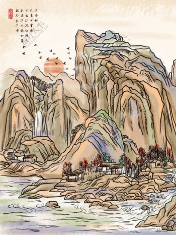 中国风水墨国画风景山水插画