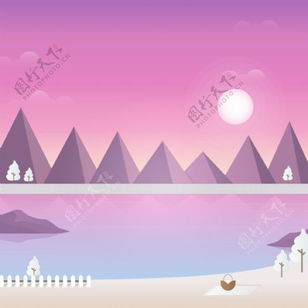 紫色日落湖边唯美插画