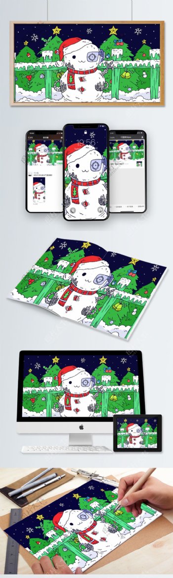 圣诞节卡通雪人圣诞树铃铛雪花机器围栏围巾