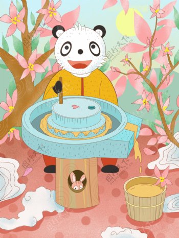 中国传统文化熊猫磨豆腐插画