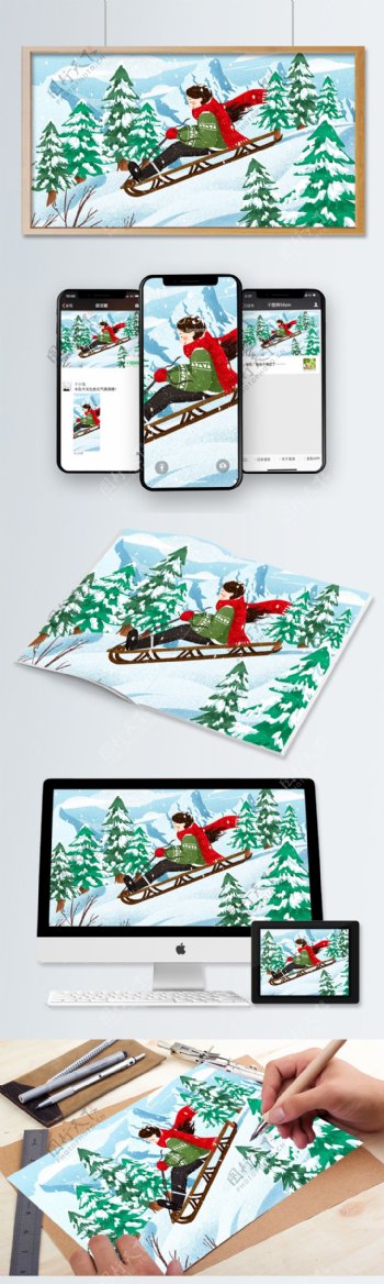 唯美冬天女孩雪地滑雪冬季雪景插画