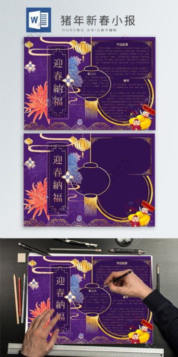紫色高贵猪年新年春节春节手抄报小报