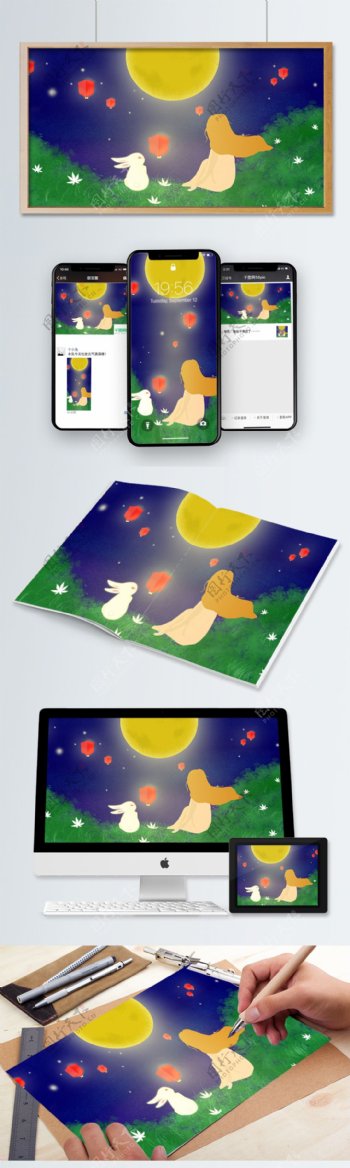 中秋节兔子与女孩望月原创插画