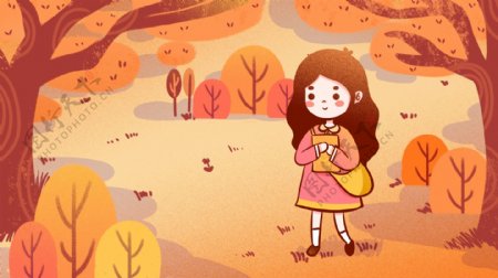 扁平可爱秋天在树林里放学回家的小姑娘