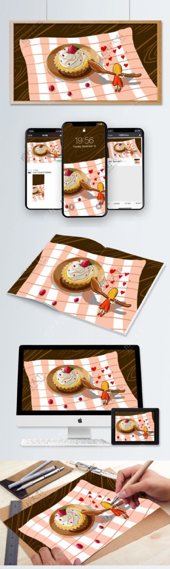 木桌上小精灵吃美味的红豆蛋糕美食插画海报