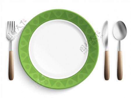 刀叉绿色餐盘矢量素材
