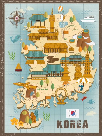 手绘矢量旅游韩国景福宫景点地图海报背景