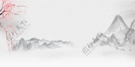 中国风彩绘花枝远处的山背景设计