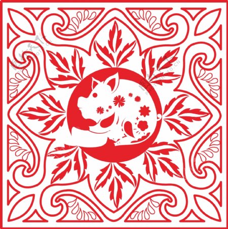 红色窗花剪纸猪抱元宝装饰素材底纹背景图案