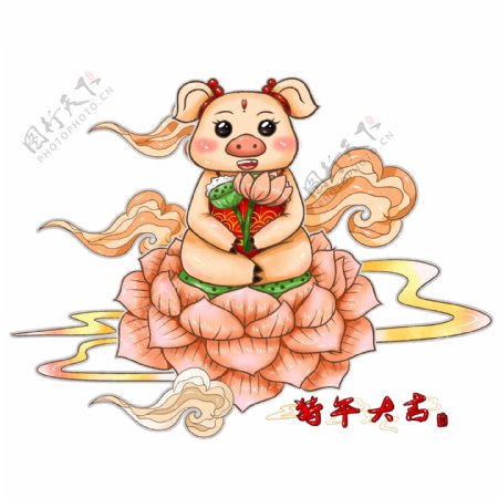 原创手绘喜庆春节中国风小猪形象莲花宝座