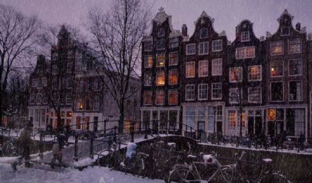 唯美欧洲建筑雪景风景画